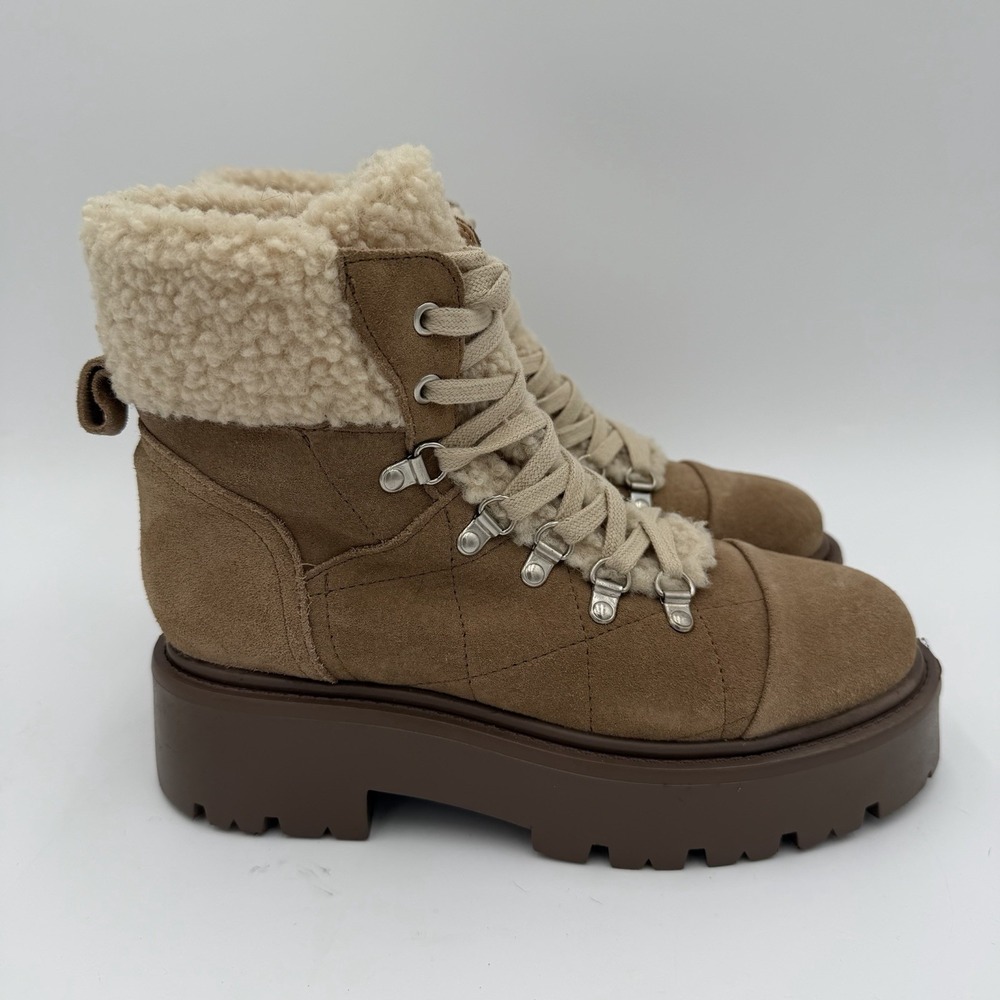 Steve Madden Reyen Combat Boots Oatmeal Suede Shearling Womens Size 8.5